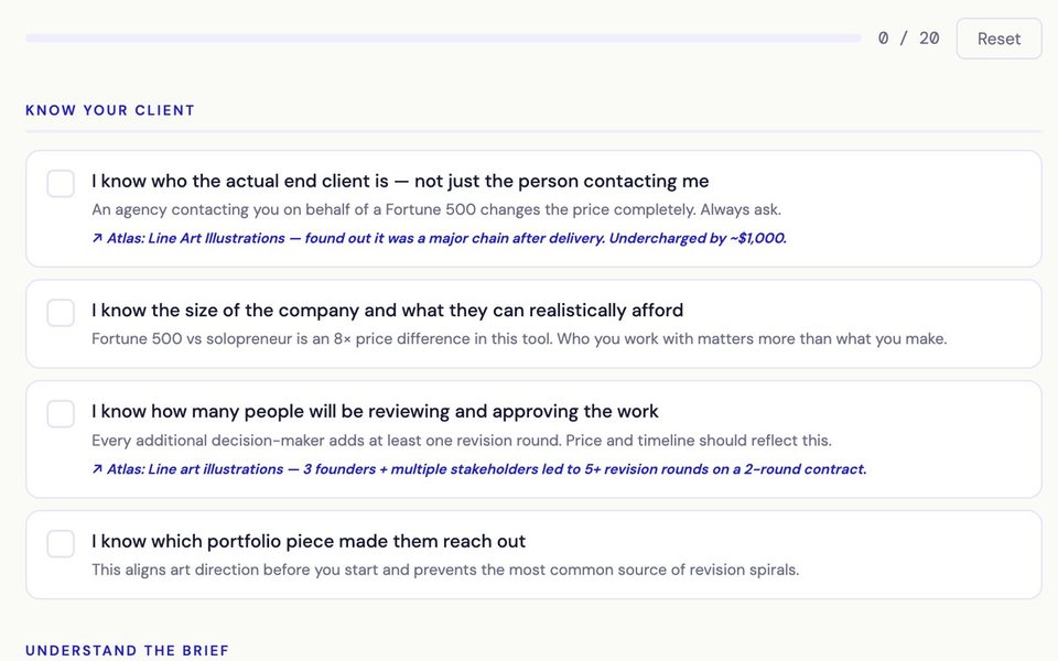 Pricing Atlas Quote Checklist: questions to tick off before sending a quote, linked to real cases