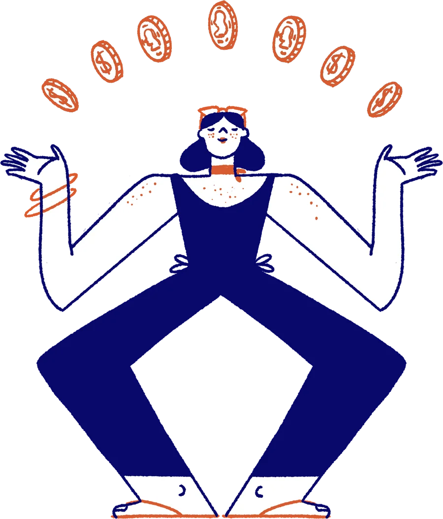 Illustration of a confident woman with coins arcing over her head